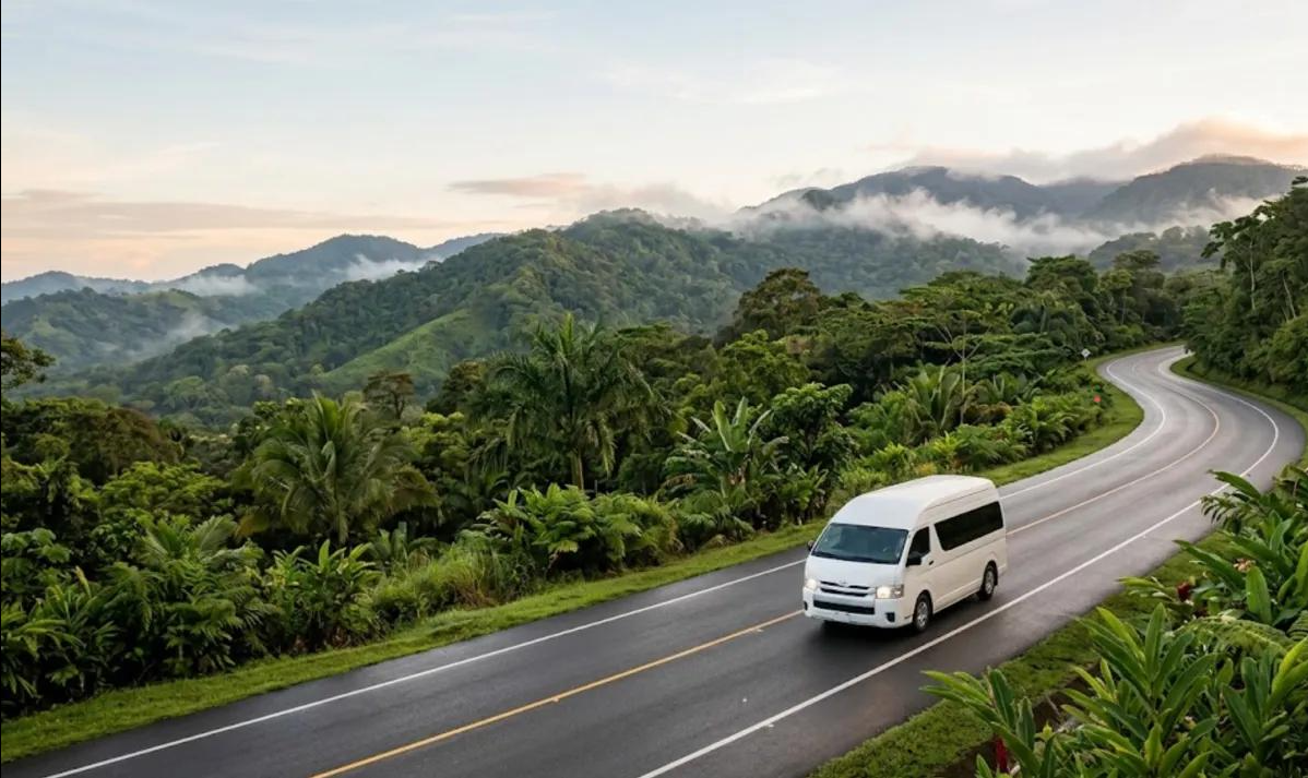 White private shuttle van traveling on a scenic mountain road in Costa Rica