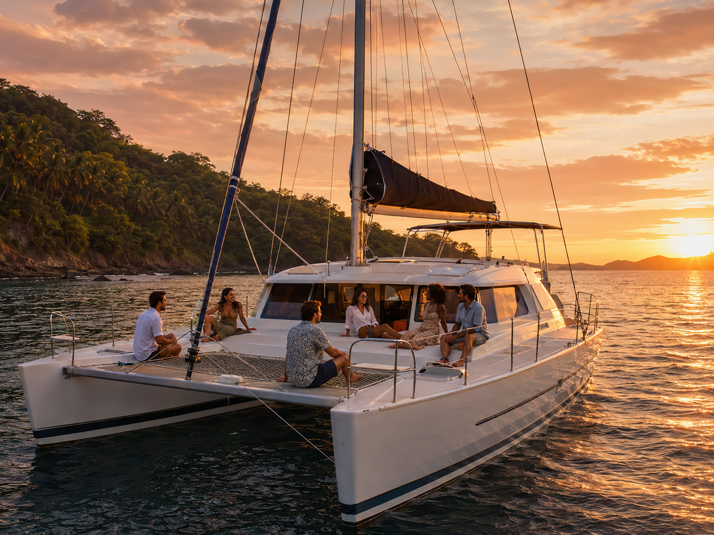 Travelers enjoying a sunset catamaran cruise along the Guanacaste coast