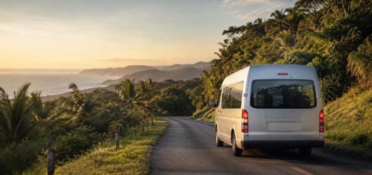 Private passenger van traveling on a scenic tropical road in Costa Rica