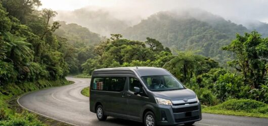 Private passenger van traveling on a tropical mountain road in Costa Rica