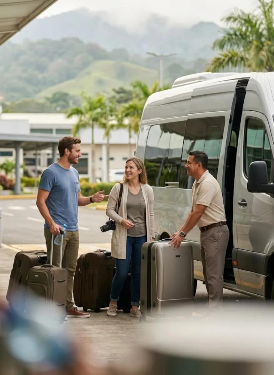 Local shuttle driver welcoming travelers with luggage beside a passenger van in Costa Rica